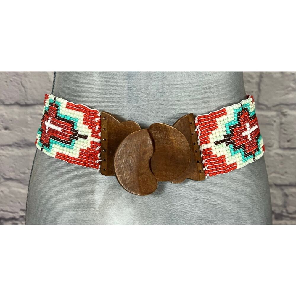 Unique Seed Bead Belt with Wooden Buckle and Aztec-Inspired Pattern